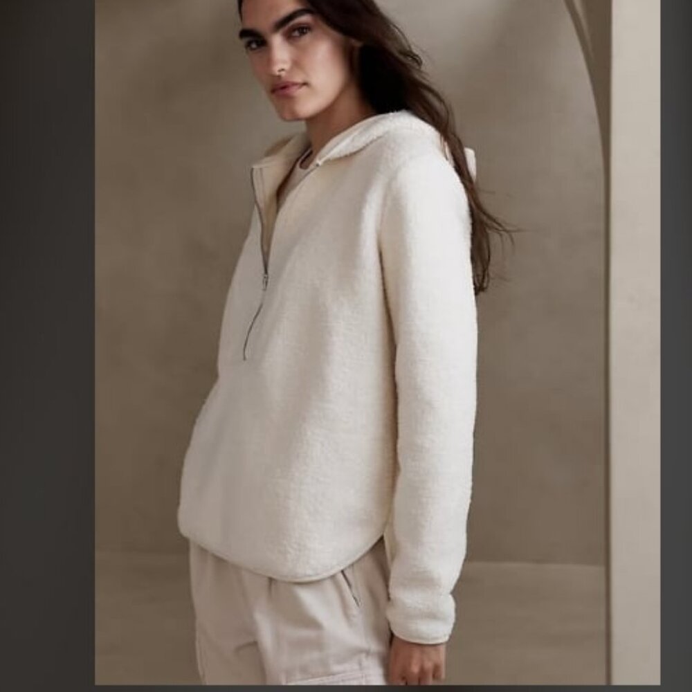 GAP Half Zip Pullover Sherpa Hoodie Teddy Jacket Ivory L